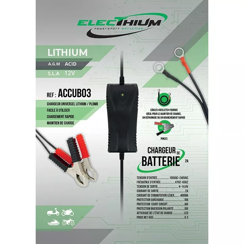 Electhium - Chargeur Batterie Moto et Scooter - Pour batterie Lithium &  Acide - Tech2Roo