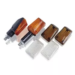 Clignotants MINI à ampoules PUIG 4042, homologués, COURT, look Carbone, verre ambre + tulipe fumée + tulipe laser