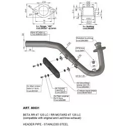 Tube collecteur racing 80031 pour échappement LeoVince et origine sur Beta RR 4T 125 LC / RR Motard 4T 125 LC 2021 et +