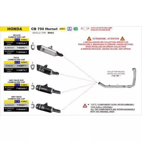 Silencieux INDY RACE ARROW 71954AKN Aluminium Dark embout carbone pour Honda CB750 Hornet 2023 et +