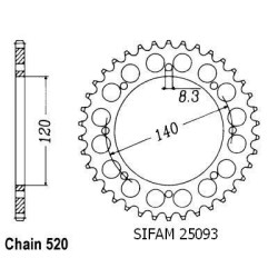 Sifam - Couronne Bj 250 Estrella 1995-1997 - 520 - 38 Dents - Similaire JTR487